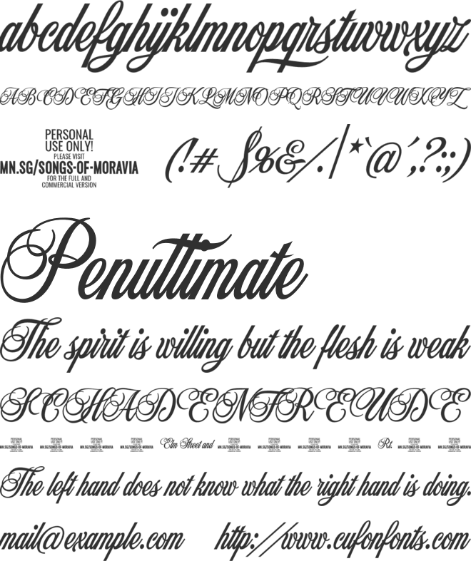 Songs Of Moravia PERSONAL USE font preview